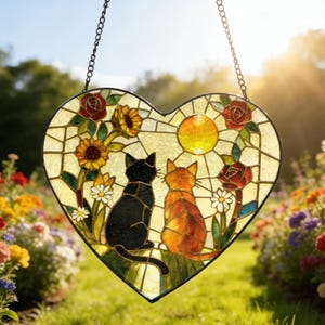 Heart Shaped Charming Black Orange Cat Couple Garden Suncatcher Stained Glass Window Hanging Glass Ornament Mom Gift
