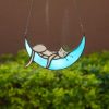 Handcrafted Gray Cat in Crescent Moon Stained Glass Suncatcher – Whimsical Cat and Blue Moon Window Hanging Decor | Gift for Cat Lovers