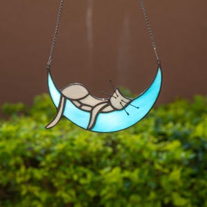 Handcrafted Gray Cat in Crescent Moon Stained Glass Suncatcher – Whimsical Cat and Blue Moon Window Hanging Decor | Gift for Cat Lovers
