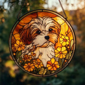 Custom Dog Suncatcher: Golden Flowers, Stained Glass Style Window Decor
