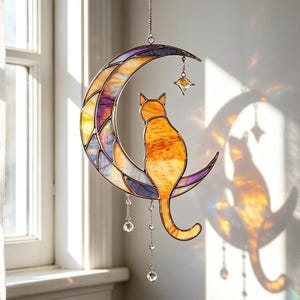 Custom Cat Memorial Suncatcher, Handmade Stained Glass Cat on Moon Suncatcher with Crystals, Warm Boho Celestial Art Decor, Cat Lovers Gifts