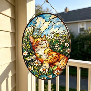 Handmade Orange Tabby Cat Stained Glass Suncatcher, Daisy Garden Window Hanging